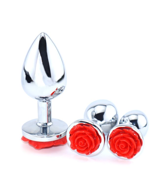 3pcs Stainless Steel Red Rose Bouquet Base Anal Plugs Kit