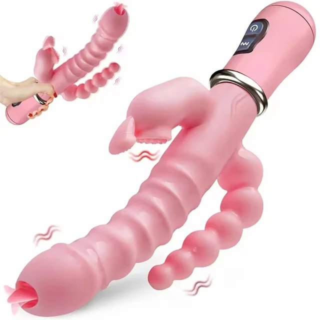 3 In 1 Tongue Licking Double Rod Anal Clit Rabbit Vibrator