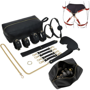 PU Leather Handcuff Ankle Cuffs Neck Collar Mouth Gag Hogtie Restraint Kits