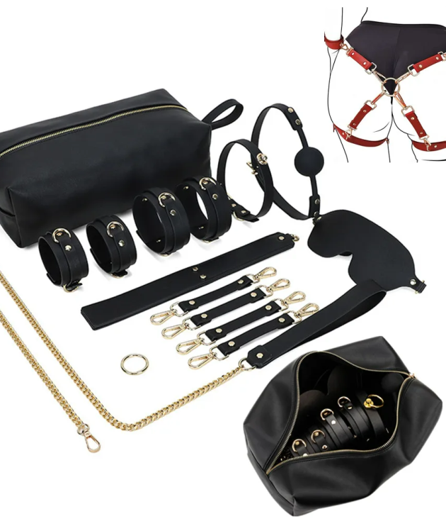 PU Leather Handcuff Ankle Cuffs Neck Collar Mouth Gag Hogtie Restraint Kits