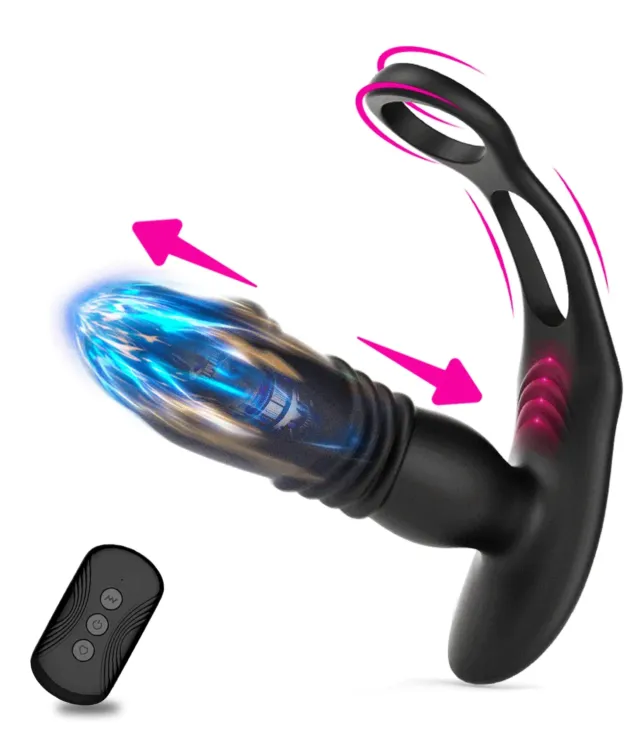 12 Vibrating 3 Thrusting  Dual Cock Rings Prostate Massager