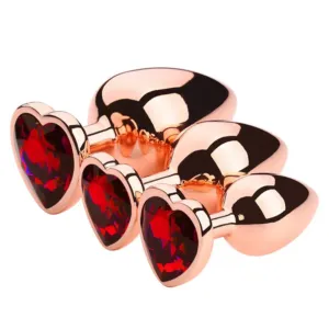 3pcs Rose Gold and Red Heart Base Alloy Anal Plug