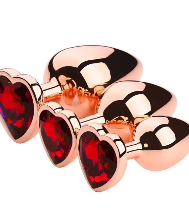 3pcs Rose Gold and Red Heart Base Alloy Anal Plug