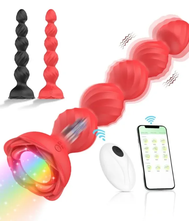 Silicone Rose Butt Plug Dual Stimulation Vibrating Anal Beads For Adult