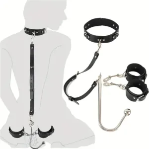 Adjustable Handcuff Collar With Anal Butt Hook Bondage Set