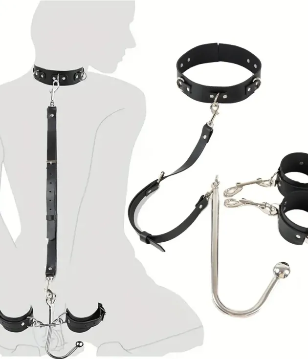 Adjustable Handcuff Collar With Anal Butt Hook Bondage Set