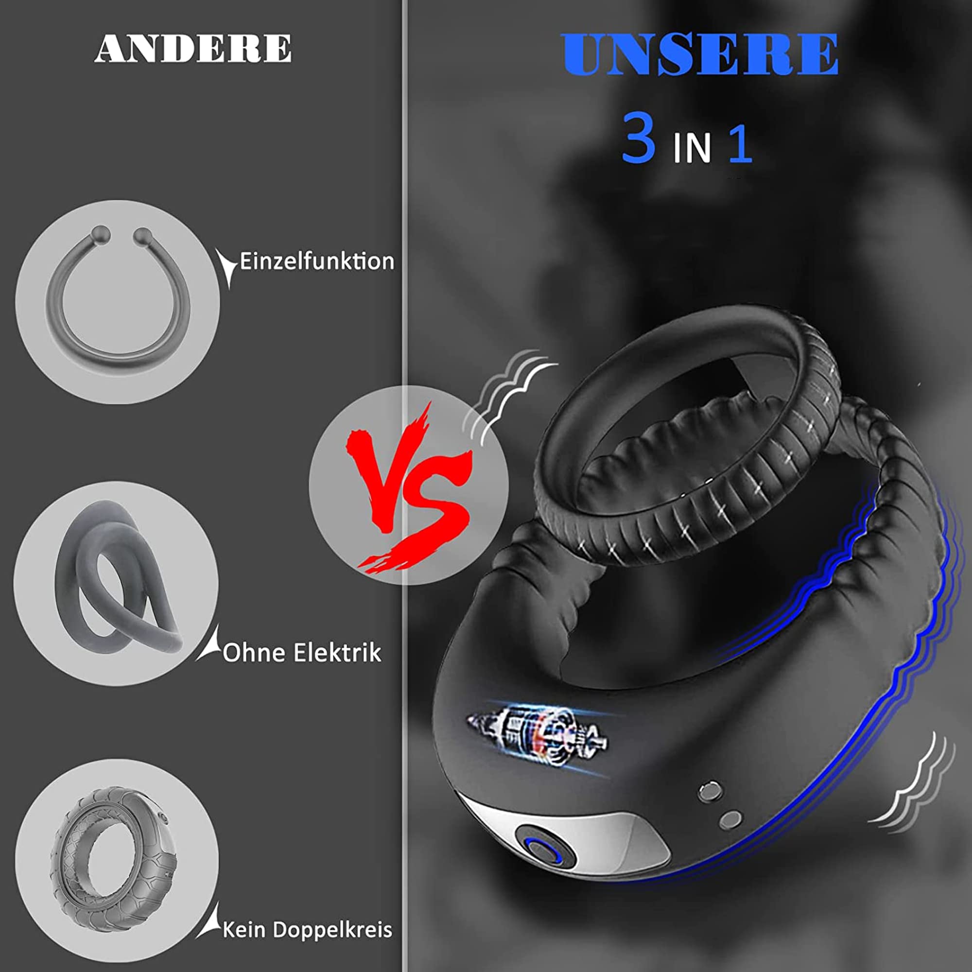 Silicone 3IN1 Vibrating Stretchy Double Dual Waterproof Rechargeable Penis Ring For Adult - Image 3