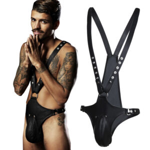 Men's Shoulder Strap Pants Binding Cock Cage Leather Chastity Pants Slave Training Adult