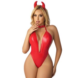Sexy Halter Deep V-Neck Cut Out PU Leather Metallic Backless Bodysuit with Headband