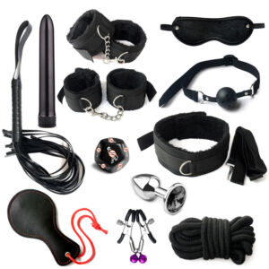 12-Piece Set Bondage Gear Includes Handcuffs Nipple Clamps Gag Whip Rope For Adult