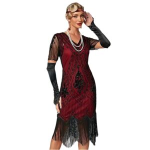 1920s Sexy V-Neck Fringe Cocktail Dress with Sleeves