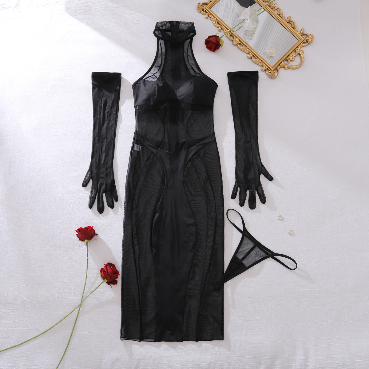 Women Club Dress Sleeveless Off Shoulder Sexy Long Body Thong 3PC with Gloves Exclusive Mesh See-Through Back Zip Dress - 图片 6