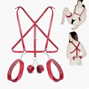 SM Leather Bondage Set: Bra, Leg Harness, Handcuffs, Restraint Sex Toys