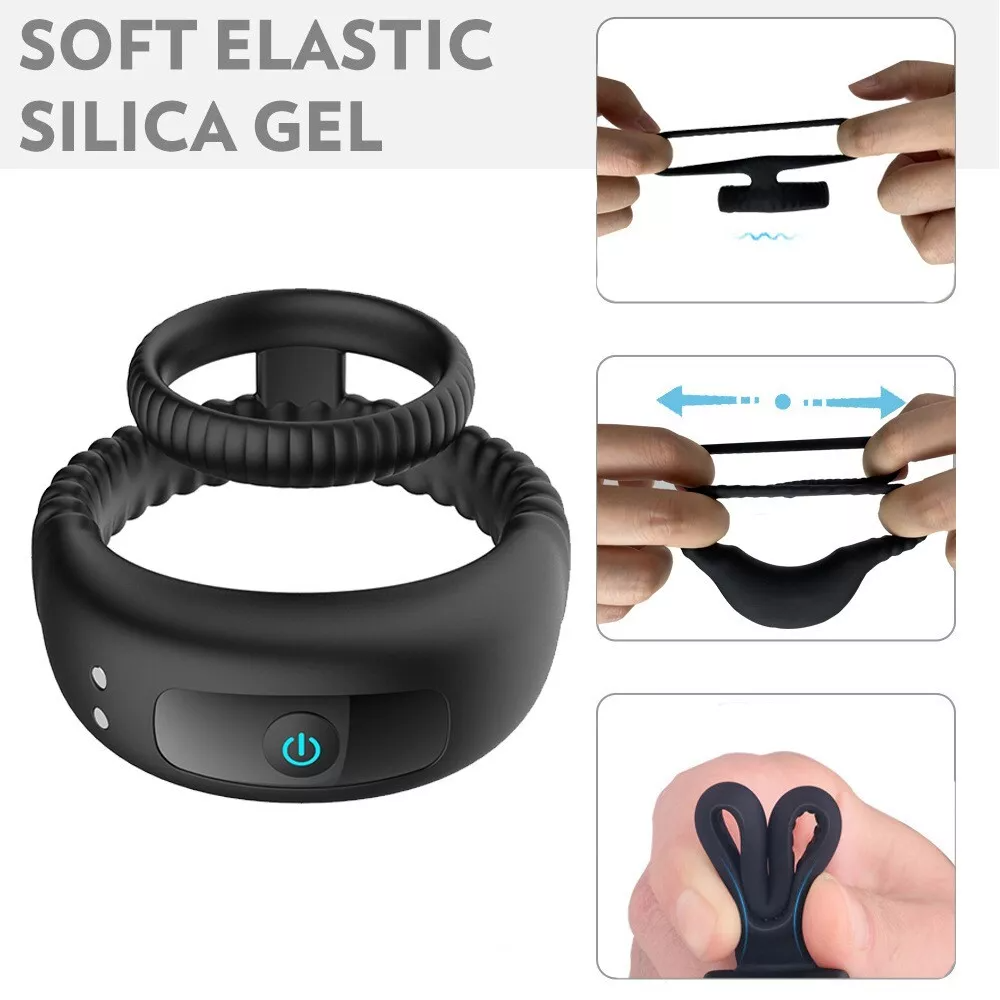 Silicone 3IN1 Vibrating Stretchy Double Dual Waterproof Rechargeable Penis Ring For Adult - Image 5