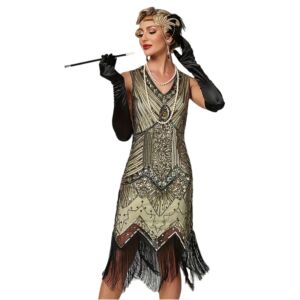 1920s Sexy V-Neck Fringe Cocktail Dress with Sleeves Flapper Dress