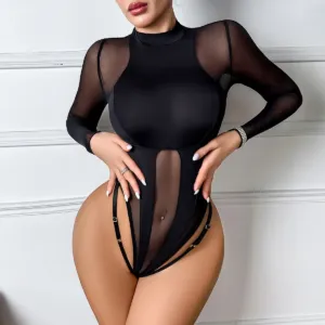 Black Long Sleeve Bodycon Body Suits One-Piece See Through Bodysuits Sexy Shirtsfor Woman