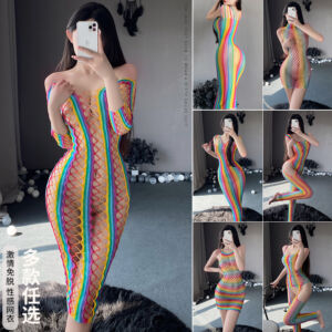 Women PSexy Sleeveless Sleepwear Dress Slip Rainbow Fishnet Body Stocking Lingerie
