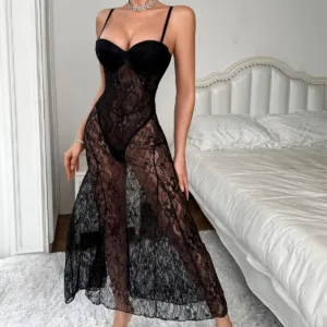 Lace Slip Dress for Women Sheer See-Through Bodycon Midi Dress Sling Lingerie For Women