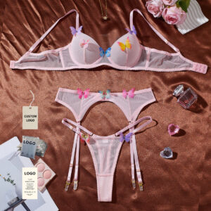 3 Piece French Style Girl Butterfly Pink Bra and Panty Mesh Transparent Thin Lingerie Garter Belt Sets