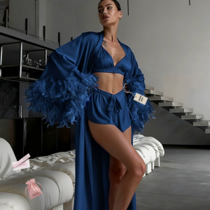 Luxurious Satin Sexy Feather Cuff Long Robe with Drawstring, Light Luxury Adult Erotic Loungewear Set