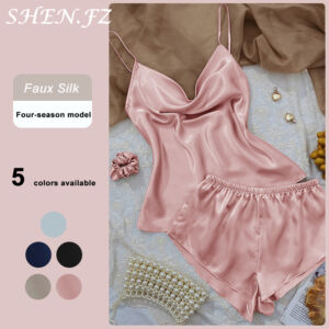 Two-Piece Ice Silk Pajama Set – Solid Color Camisole with Shorts