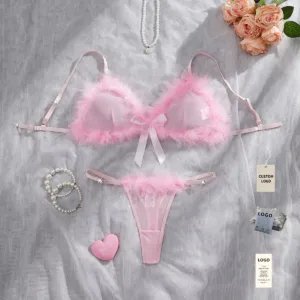2 Pieces Sex Plush Bra and Panties Pink See Through Sexy Intimate Lingerie Set For Woman