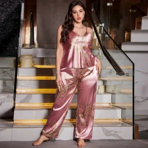 V-Neck Plus Size Printed Breathable Halter Long Pants Women's Casual Comfortable Pajama Set