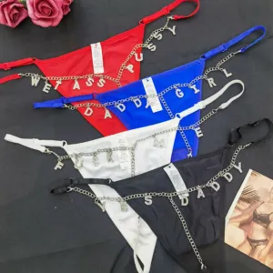 Low-Rise Breathable Women's Panties with Letter Print – Sexy Rhinestone Thong and G-String