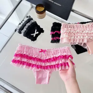 Bow Low-Rise Pink Lace G-String Panty: 3D Ruffled Tiered Cake Sexy Lingerie