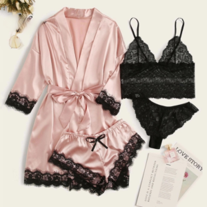 4Pcs Set: High Quality Satin Kimono-Style Silk Women's Bathrobe and Pajamas, Erotic Lingerie
