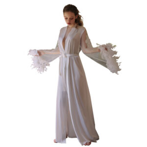 Women's 155cm Long White Satin Feather Sleeve Sleepdress, Sexy Erotic Lingerie Nightgown for Women
