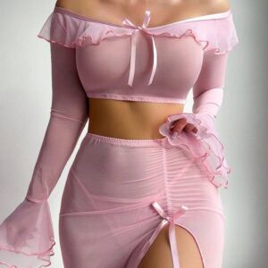 Women's Sheer Mesh Lace-Up Ruffle Long Sleeve Crop Top with Maxi Skirt 2-Piece Set