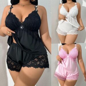 Women's Plus Size Lace Sexy Camisole and Shorts Two-Piece Erotic Set