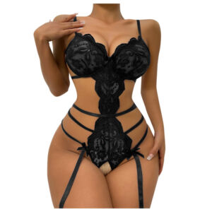 Women's Sexy Lace Mesh Open Crotch Garter Belt Binding Lingerie Set